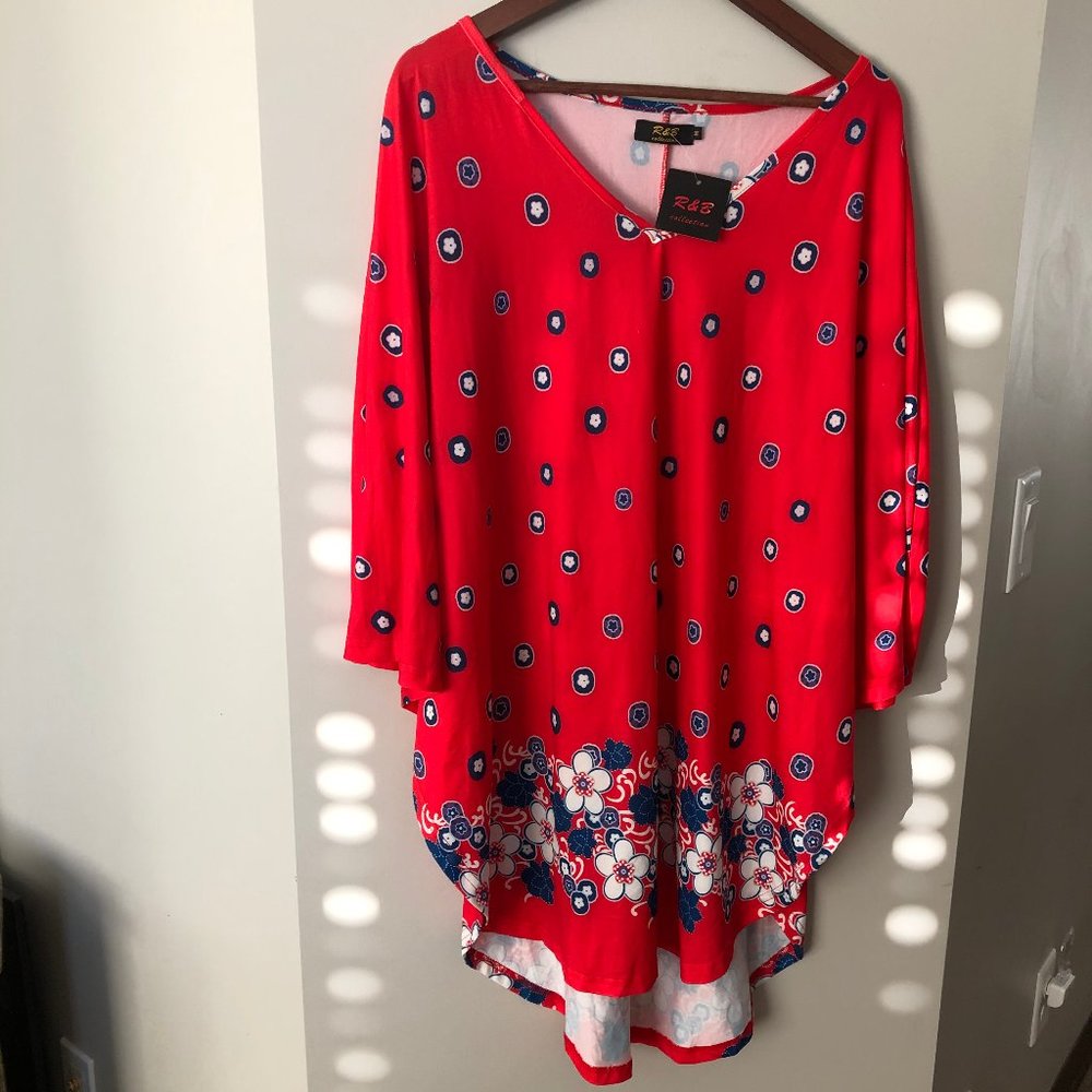 R & B Beach Mini Dress Swimwear Cover Up Red Floral Size Medium NWT